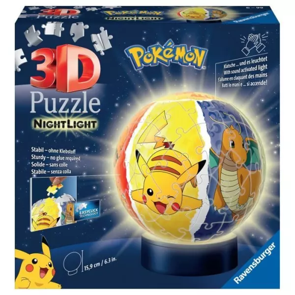 3D Puzzle Ball illuminated Pokémon - Ravensburger - 72 numbered pieces - Light Socle - From 6 years