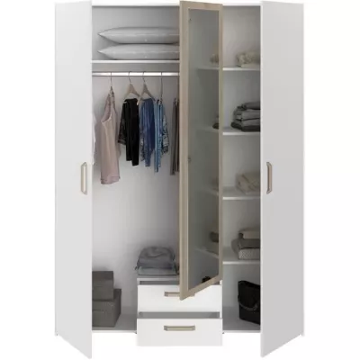 Chambre complete adulte - DREAM - Lit 140x190/200 cm + 2 chevets + armoire - Décor blanc et chene - PARISOT