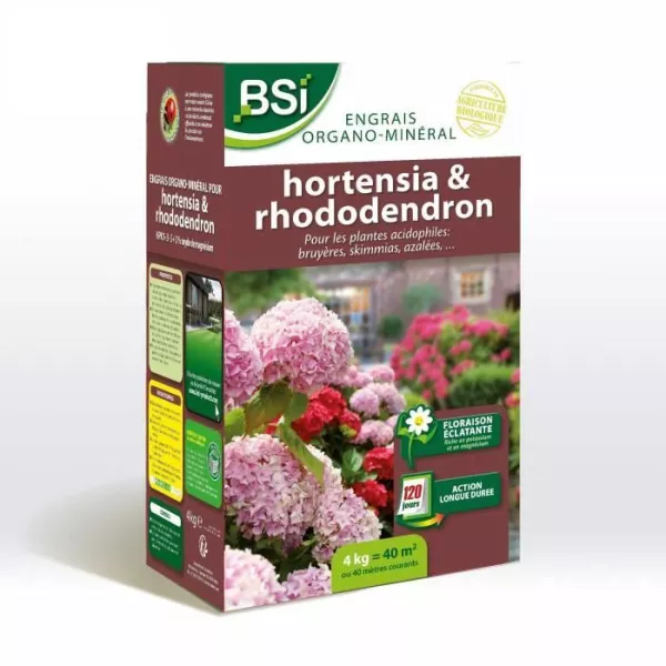 BSI - Engrais Hortensias/Rhododendrons - Pour Tous les Hortensias / Rhododendrons - Action Longue Durée - 4kg - Jusqu'a 40 m²