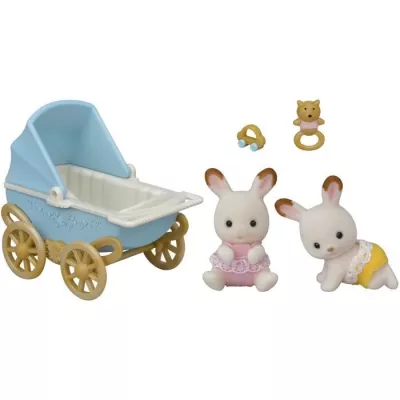 Miniature figures - SYLVANIAN FAMILIES - Rabbit Chocolate twins and their double stroller