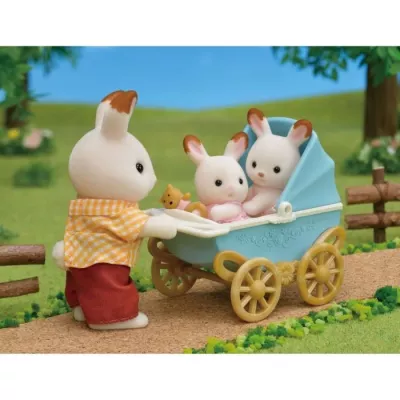 Miniature figures - SYLVANIAN FAMILIES - Rabbit Chocolate twins and their double stroller