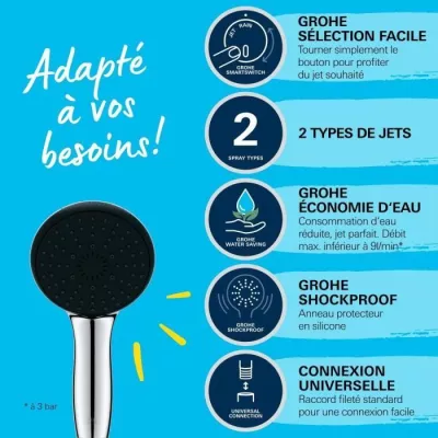 Pommeau de douche - GROHE Vitalio Start 110 27946001 - 2 jets (Pluie/Stimulant) - Economie d'eau - Procédé anti-calcaire - Chr