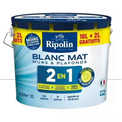 Peinture Murs et Plafonds 2 en 1 Blanc Mat Ripolin 10L + 2L gratuits