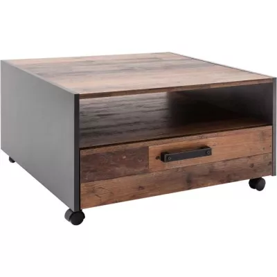 Square coffee table with castor - Particle panels - Aged and grey wood decor - Double tray -1 Drawer - L70 x D70 x H4