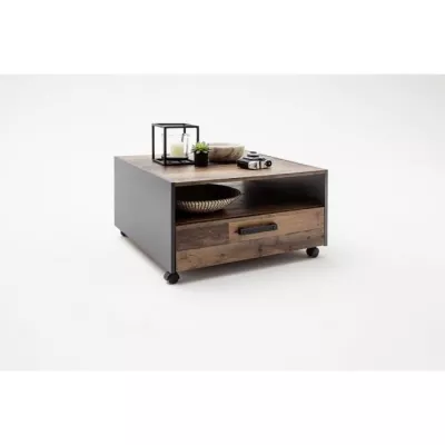 Square coffee table with castor - Particle panels - Aged and grey wood decor - Double tray -1 Drawer - L70 x D70 x H4