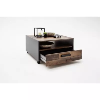 Square coffee table with castor - Particle panels - Aged and grey wood decor - Double tray -1 Drawer - L70 x D70 x H4