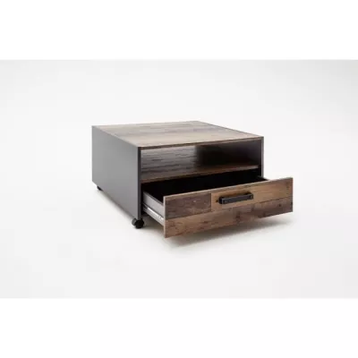 Square coffee table with castor - Particle panels - Aged and grey wood decor - Double tray -1 Drawer - L70 x D70 x H4