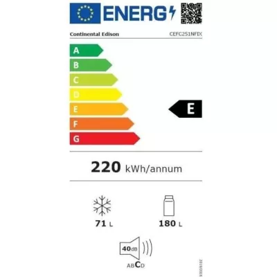 Réfrigérateur congélateur bas CONTINENTAL EDISON - 251L -Total No F