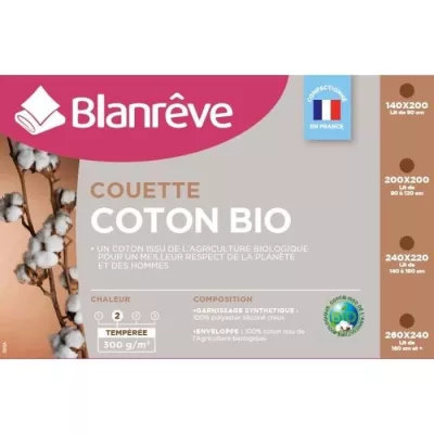 Couette tempérée Coton BIO 300g/m² - 240x260cm - Fabriquée en France