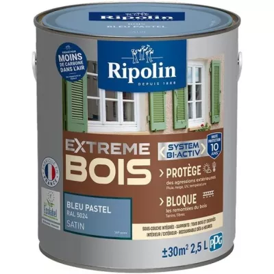 Peinture Extreme bois - Bleu pastel RAL 5024 satin - RIPOLIN - 2,5 L - Longueur22,4/Largeur22,4/Hauteur21,8