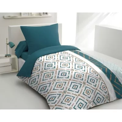 Parure de couette microfibre Ethno - Bleu canard - HOME LINGE PASS