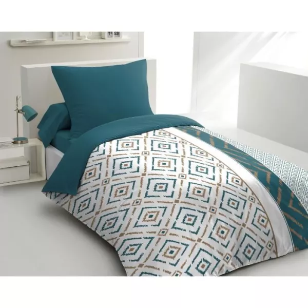 Parure de couette microfibre Ethno - 1 housse de couette 140x200 cm + 1 taie d'oreiller 63x63 cm - Bleu canard - HOME LINGE PASS