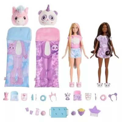 Barbie - Cutie Reveal Soirée Pyjama - Coffret rempli de surprises avec 2 poupées articulées et 35+ accessoires