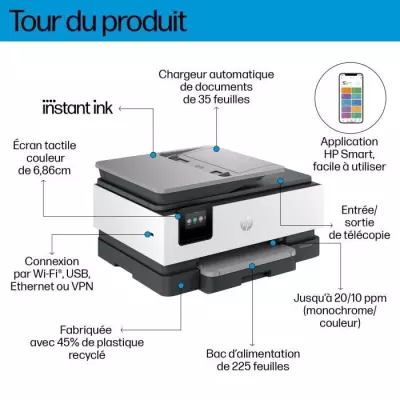 HP OfficeJet Pro 8124e - Imprimante tout-en-un – Jet d'encre couleur avec 3 mois d'Instant Ink inclus avec HP+