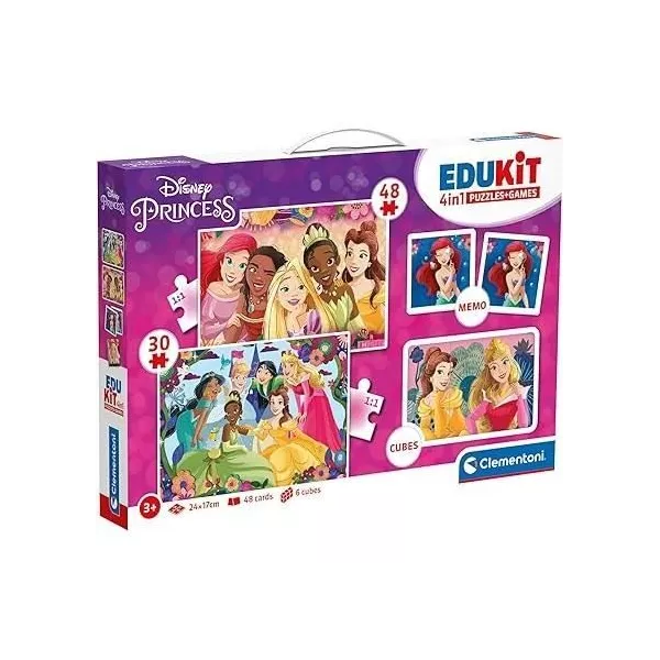 Clementoni - Edukit - Disney Princesses - Learning box 4 in 1 - 2 puzzles, 1 memo, 1 set of 6 cubes - Made in Ita