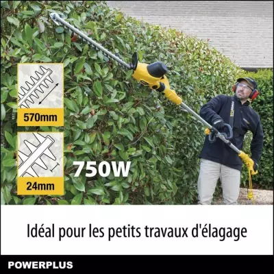 Powerplus Taille-Haie Électrique POWXG2043 - 750 W, Lame de 570 mm, Écart de 24 mm, avec Poignée Téléscopique, Outillage de