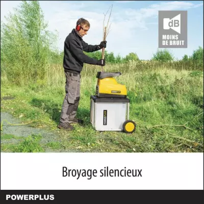 Powerplus Broyeur de Végétaux Électrique POWXG6462 - 2800 W, Max. Ø45 mm, Poussoir, Roues et Sac de Ramassage de 60 l Inclus