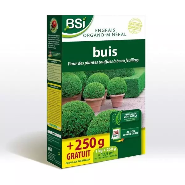 Engrais Buis - BSI - Bio - Feuillage étincelant et vert fonçé - Action longue durée - 1Kg + 250g gratuit - Jusqu'a 12,5 m²