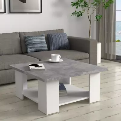 Table basse PILVI - Blanc et béton clair - Contemporain - L 67 x P 67 x H 31 cm