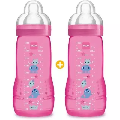 Biberon MAM Easy Active 2eme Âge Rose Jungle 330ml - Lot de 2