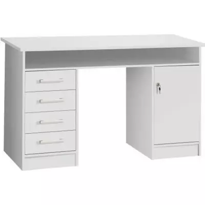 Bureau droit a clés avec 1 porte et 4 tiroirs - Décor papier blanc - 126 x P 55 x H 76 cm - ALICANTE