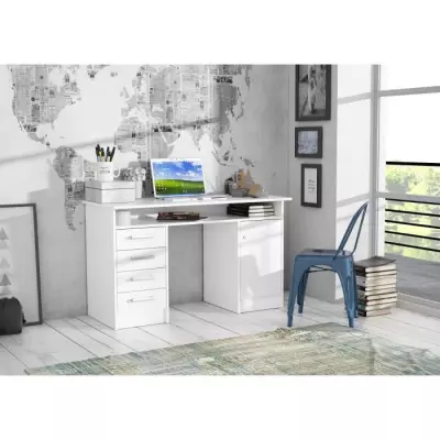 Bureau droit a clés avec 1 porte et 4 tiroirs - Décor papier blanc - 126 x P 55 x H 76 cm - ALICANTE