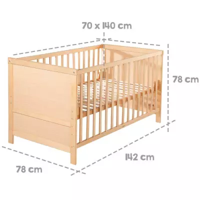 Lit Bébé Évolutif 70x140 - ROBA - Réglable en Hauteur - 3 Barreaux Amovibles - Coins de Transformation Inclus - Bois Naturel