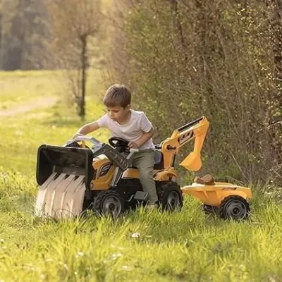 Tracteur a pédales Builder Max + Remorque + Pelleteuse + Pelle - Smoby - Jaune