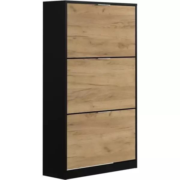 Meuble a chaussure 3 portes - Décor chene et noir - 75x25x128 cm - Leona