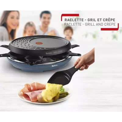 TEFAL Appareil a raclette 3en1, Colormania Raclette, Grill et Crepes, 8 coupelles, Revetement antiadhésif, Bleu acier RE310401