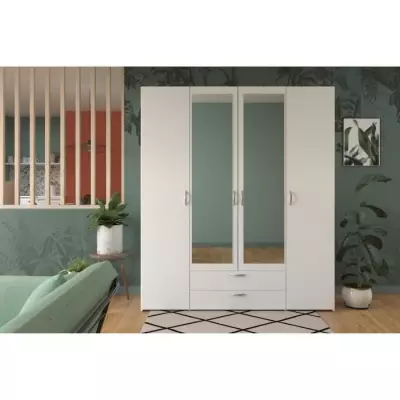 Armoire VARIA - Décor blanc - 4 portes battantes + 2 miroirs + 2 tiroirs - L 160 x H 185 x P 51 cm - PARISOT