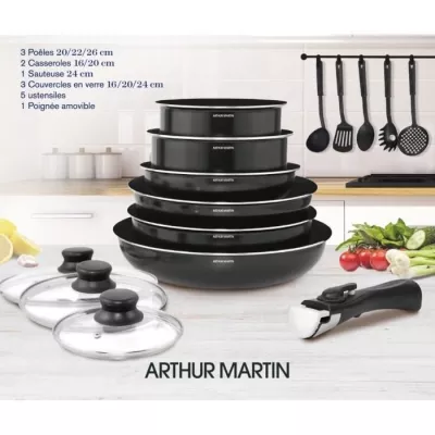 ARTHUR MARTIN Batterie de cuisine amovible 15 pieces 16-20-22-24-26 cm