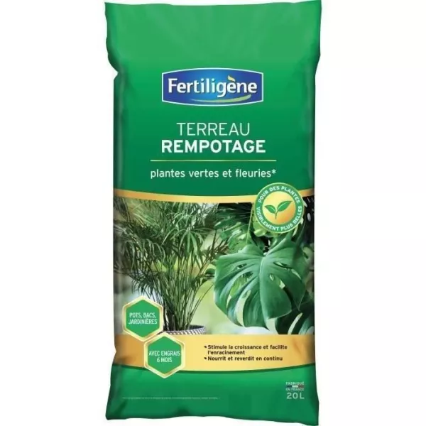 FERTILIGENE - Terreau rempotage plantes vertes et fleuries 20L - Stimule la croissance, nourrit et reverdit en continu