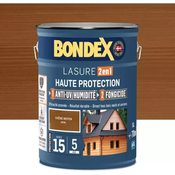 Lasure 2 en 1 Haute protection - Chene moyen satin - BONDEX - 5 L