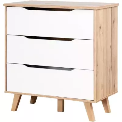 Commode 3 tiroirs - Décor chene et blanc mat - Pieds en massif - Scan