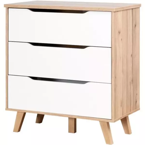 Commode 3 tiroirs - Décor chene et blanc mat - Pieds en massif - Scandinave L 80 cm - VANKKA