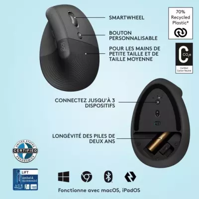 Souris Logitech Lift Ergonomique Verticale, Sans Fil, Silencieuse - Gr