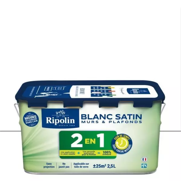 Peinture 2 en 1 murs et plafonds - Blanc satin - RIPOLIN - 2,5 L