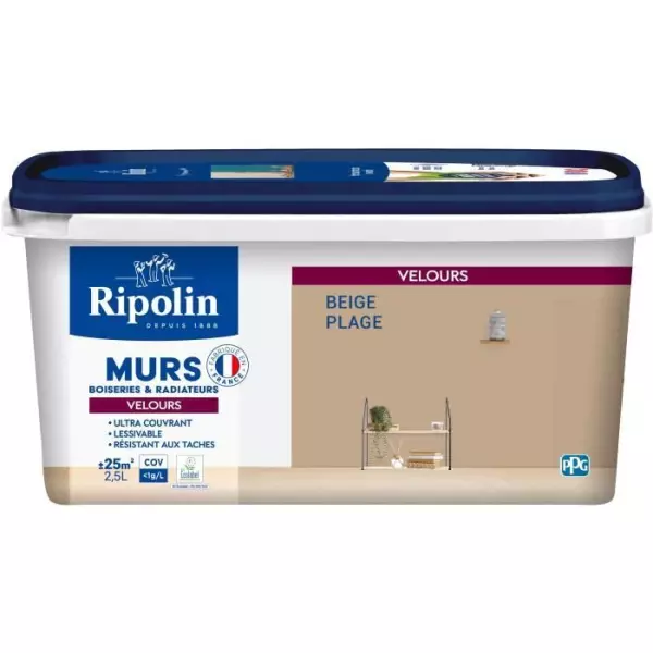 Peinture deco murs, boiseries & radiateurs - RIPOLIN - 468428 - Beige plage - Velours - 2,5 L