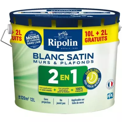 Peinture Murs et Plafonds 2 en 1 Blanc Satin Ripolin 10L + 2L gratuits