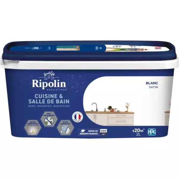 Peinture murs, boiseries, plafonds, radiateurs - RIPOLIN - Cuisine et bain - 2 L - Blanc