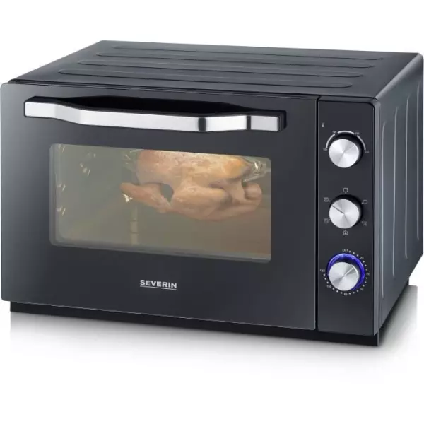 Four posable XXL a chaleur tournante SEVERIN - 60 L - 2 200 W - Tournebroche et pierre a pizza - Noir/Inox