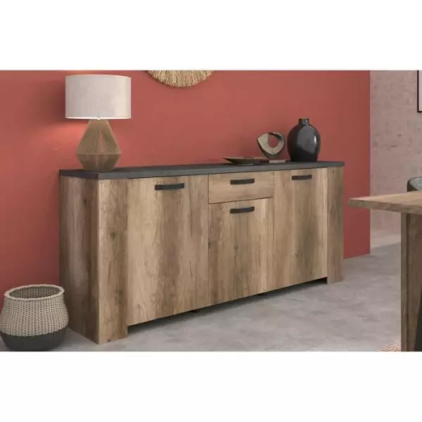 Buffet - STEIN - Chene et steam black - 3 portes - 1 tiroir - 182 x 40 x 78 cm - PARISOT