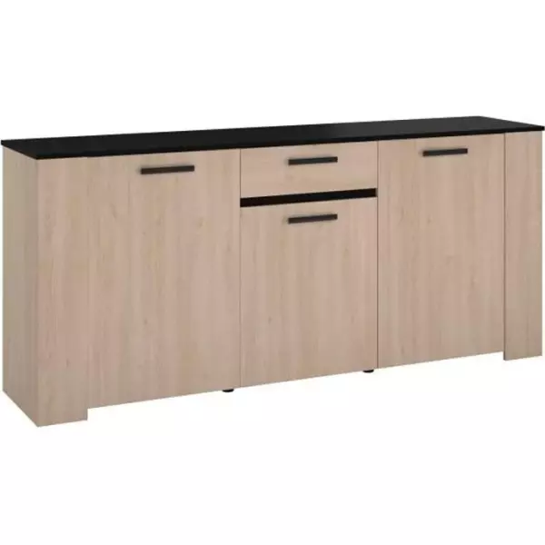 Buffet HELMA - Décor chene Brooklyn et noir - 3 Portes + 1 Tiroir - Style contemporain - L 182 x P 40 x H 80 cm - PARISOT