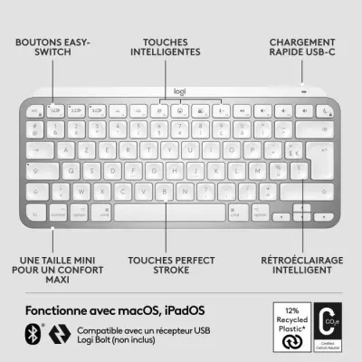 Clavier Logitech sans fil MX Keys Mini pour Mac compact, Bluetooth, r