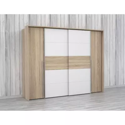 Armoire NARAGO - Décor Chene Sonoma et blanc mat - 2 portes coulissan