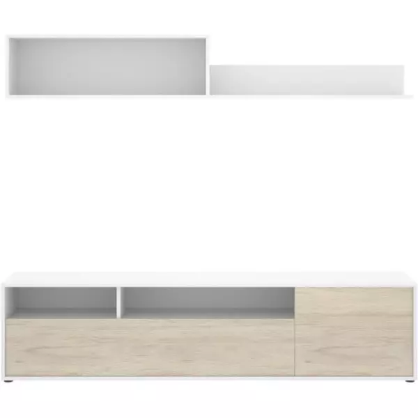 Meuble de salon TV compact - BAY - 2 portes - Chene clair / Blanc - 180 x 35 x 44 cm