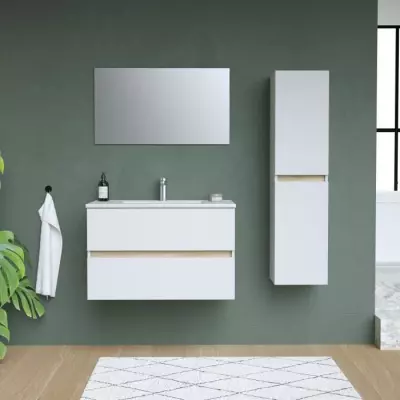 Ensemble Totem Blanc set de salle de bain 80, vanity+vasque+miroir & C