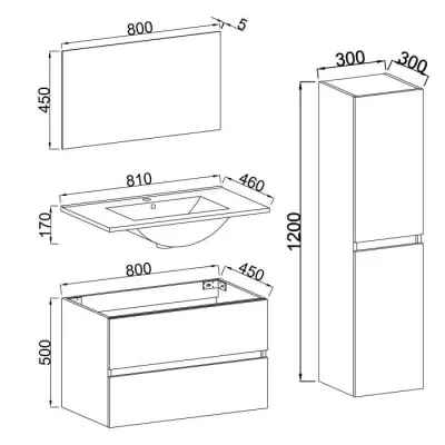 Ensemble Totem Blanc set de salle de bain 80, vanity+vasque+miroir & C