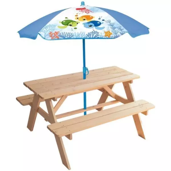 Mobilier de jardin - FUN HOUSE - Table pique-nique en bois Ma Petite Carapace H.53xL.95xP.100 cm avec parasol tortue H.125x100 c